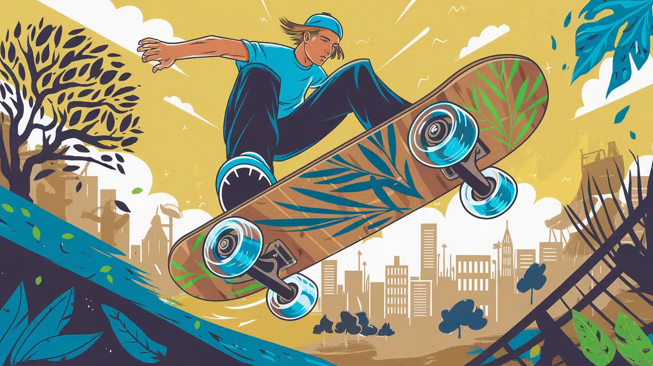 Illustration d'un skateur sur une planche écologique