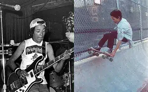Photo de Tommy Guerrero qui joue de la guitare et fait du skateboard